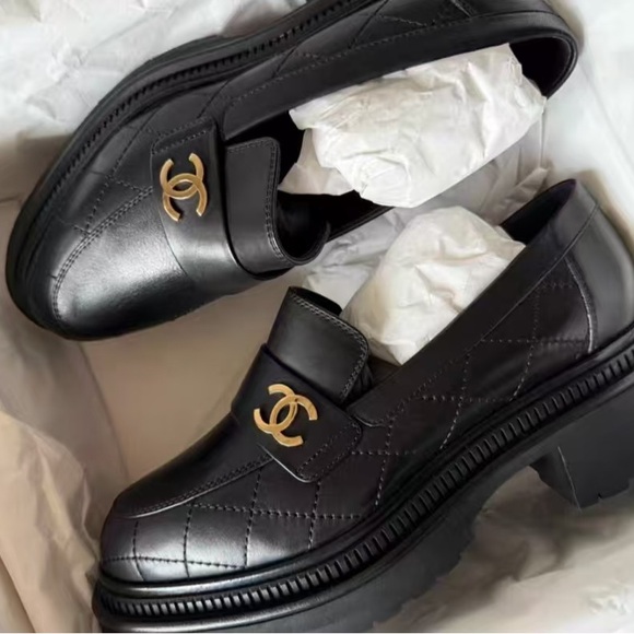 Black Quilted Loafers with Gold Logo